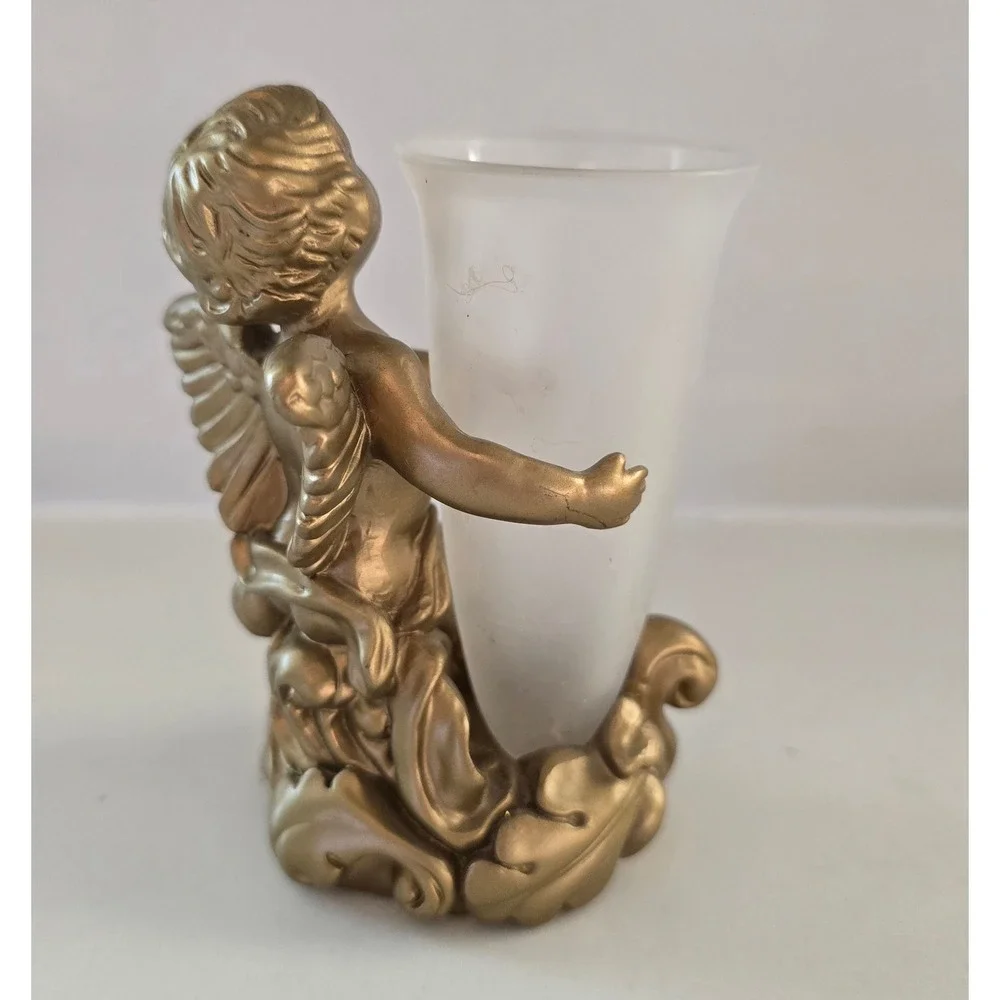 Gold Cherub Angel Bud Vase Frosted Glass Insert Ornate Scroll Base Decor